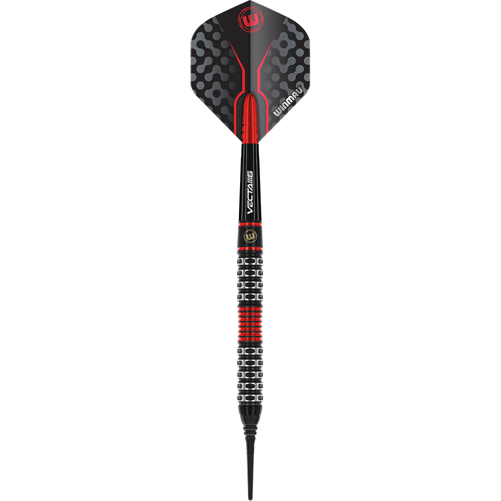 2451_Winmau_Joe_Cullen_Special_Edition_Softdarts_10ZB0FD2xjzImw Das Bild zeigt einen Winmau Joe Cullen Special Edition Softdart. Der Dart ist hauptsächlich schwarz mit roten und silbernen Akzenten gestaltet.