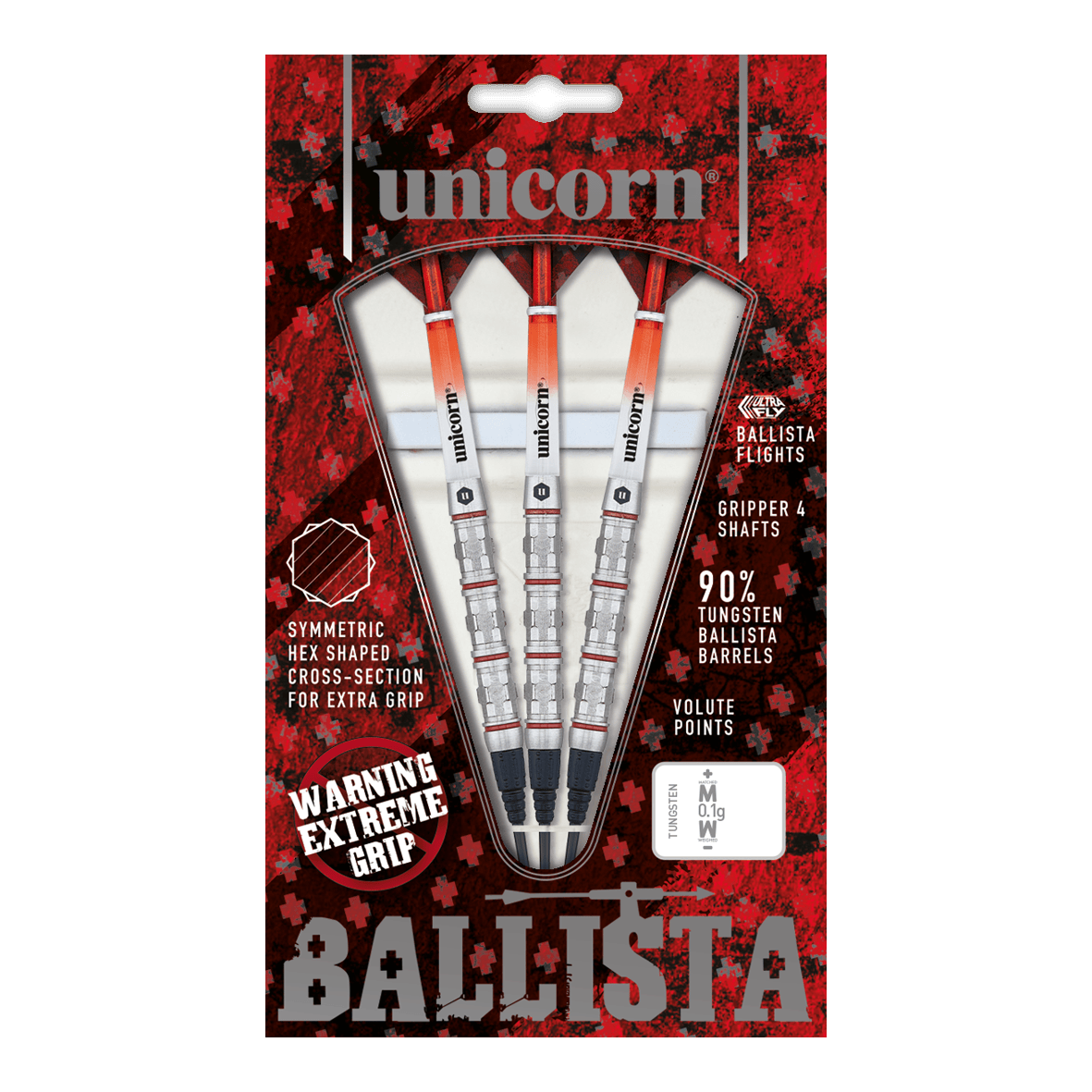 Dardos suaves estilo Ballista Unicorn 4 Das Bild zeigt die „Unicorn Ballista Style 4 Softdarts“ in einer rot-schwarzen Verpackung. Drei Softdarts mit auffälliger Griffstruktur und Zubehör sind sichtbar angeordnet.
