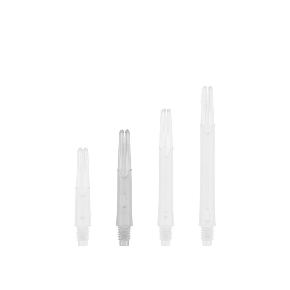 Ejes en L estilo L bloqueados rectos - transparente Das Bild zeigt vier transparente, gerade Kunststoffschäfte in unterschiedlichen Längen. Sie sind vermutlich Ersatzteile für Dartpfeile.