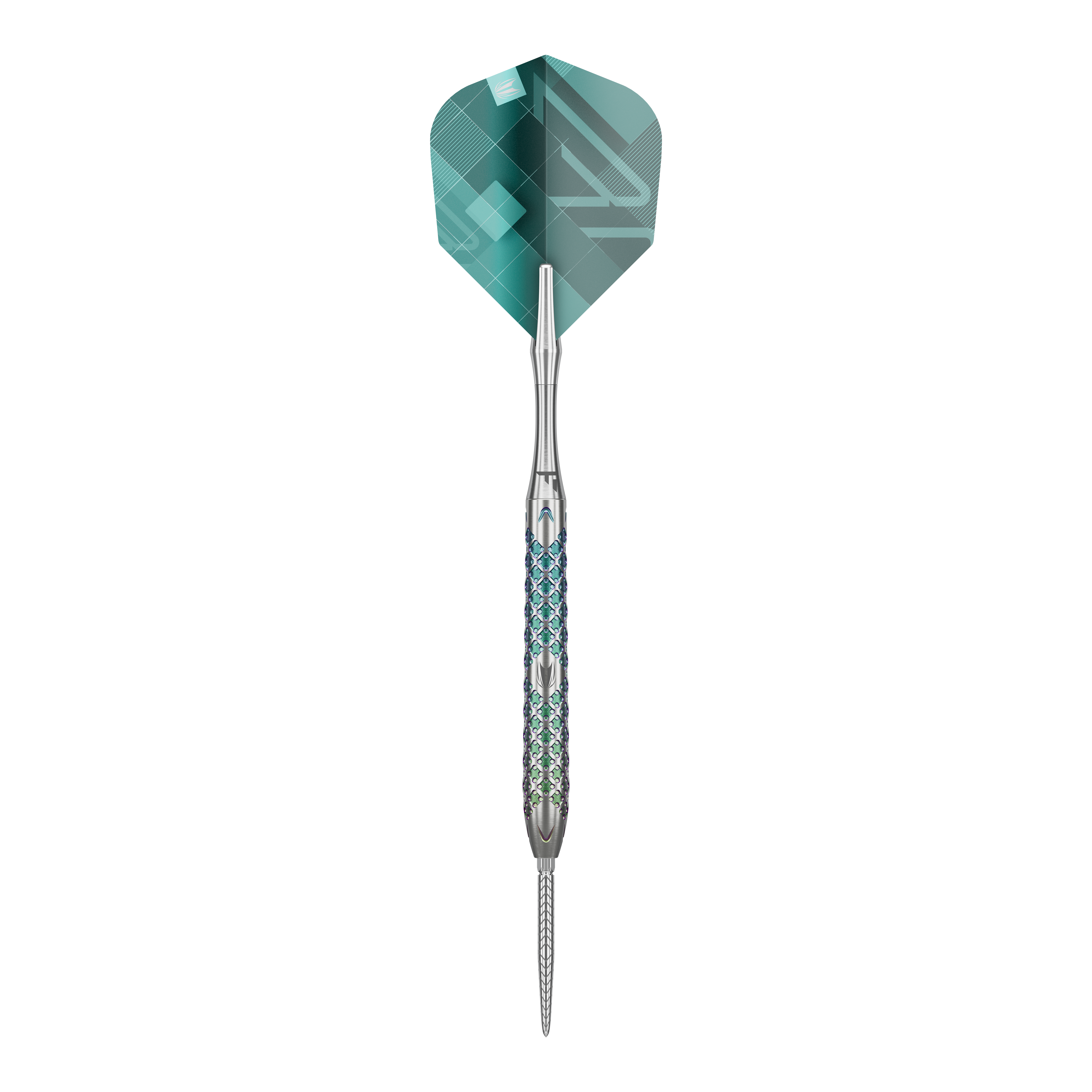 Dardos de acero Target Rove 03 Swiss Point Das Bild zeigt einen Target Rove 03 Swiss Point Steeldart. Der Dart hat ein silbernes Metallgehäuse mit blauen Akzenten und eine grüne Flight.