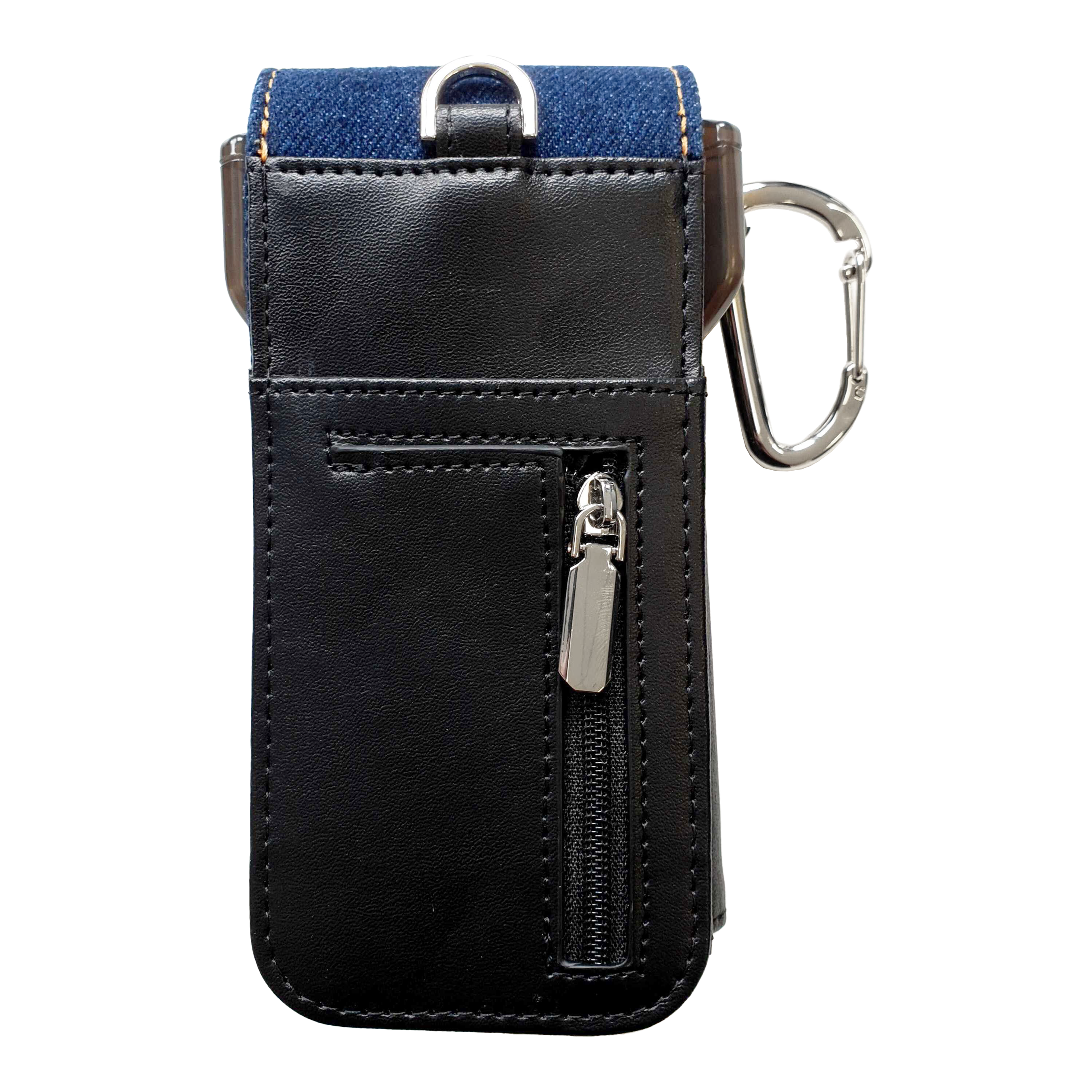 Estuche para dardos Cameo Acento Denim Das Bild zeigt ein elegantes Dart-Etui aus schwarzem Leder mit einem Reißverschlussfach. Am oberen Rand befindet sich ein Karabinerhaken und ein Einsatz aus dunkelblauem Denim-Stoff.