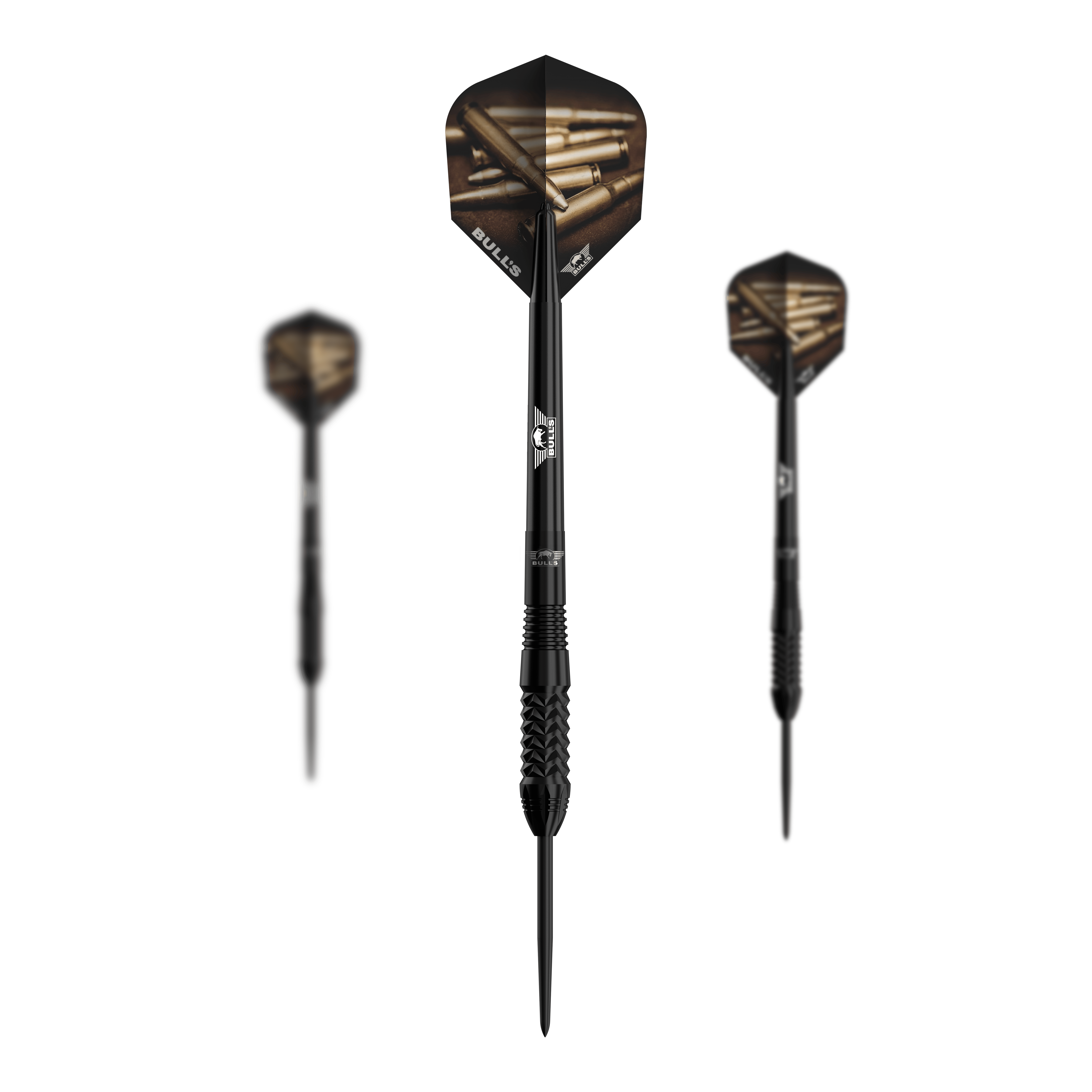 Dardos de acero Bulls NL Caliber Black Das Bild zeigt drei schwarze Steeldarts des Modells "Bulls NL Caliber". Die Flights der Darts haben ein Muster mit Patronenhülsen und das Design ist insgesamt modern und sportlich.