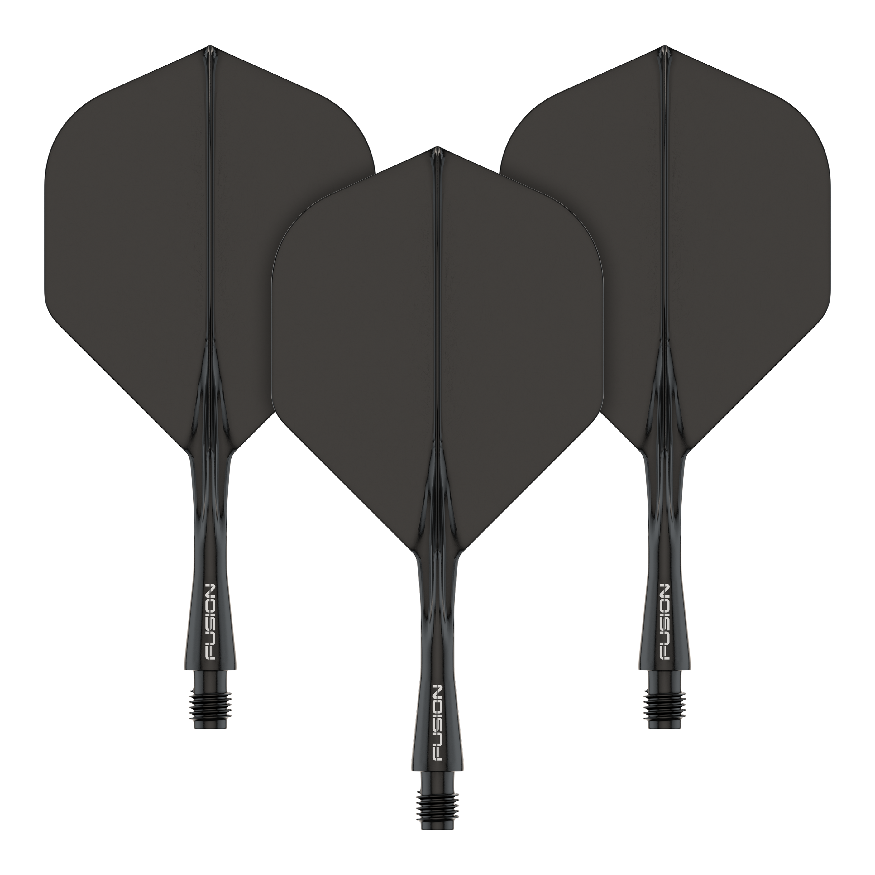 Sistema de eje de vuelo Winmau Fusion estándar negro Das Bild zeigt drei schwarze Dartflights mit integrierten Schäften. Auf den Schäften steht das Wort "FUSION" in weißer Schrift.