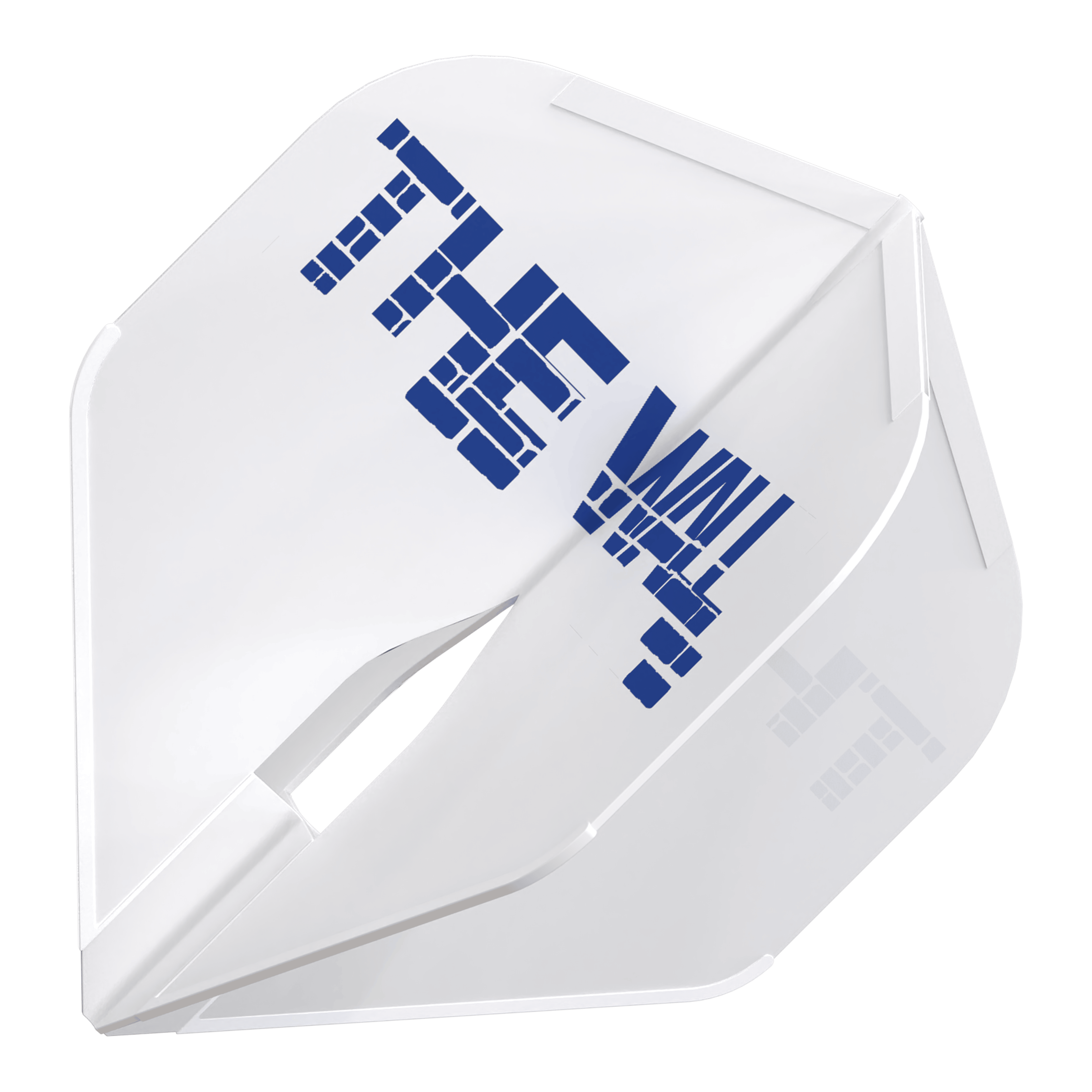 Vuelos Martin Schindler L-Style blancos L1PRO Das Bild zeigt einen weißen Dartflight mit der Aufschrift "THE WALL" in blauer Farbe. Es handelt sich um das Produkt "L-Style Martin Schindler Weiß L1PRO Flights".