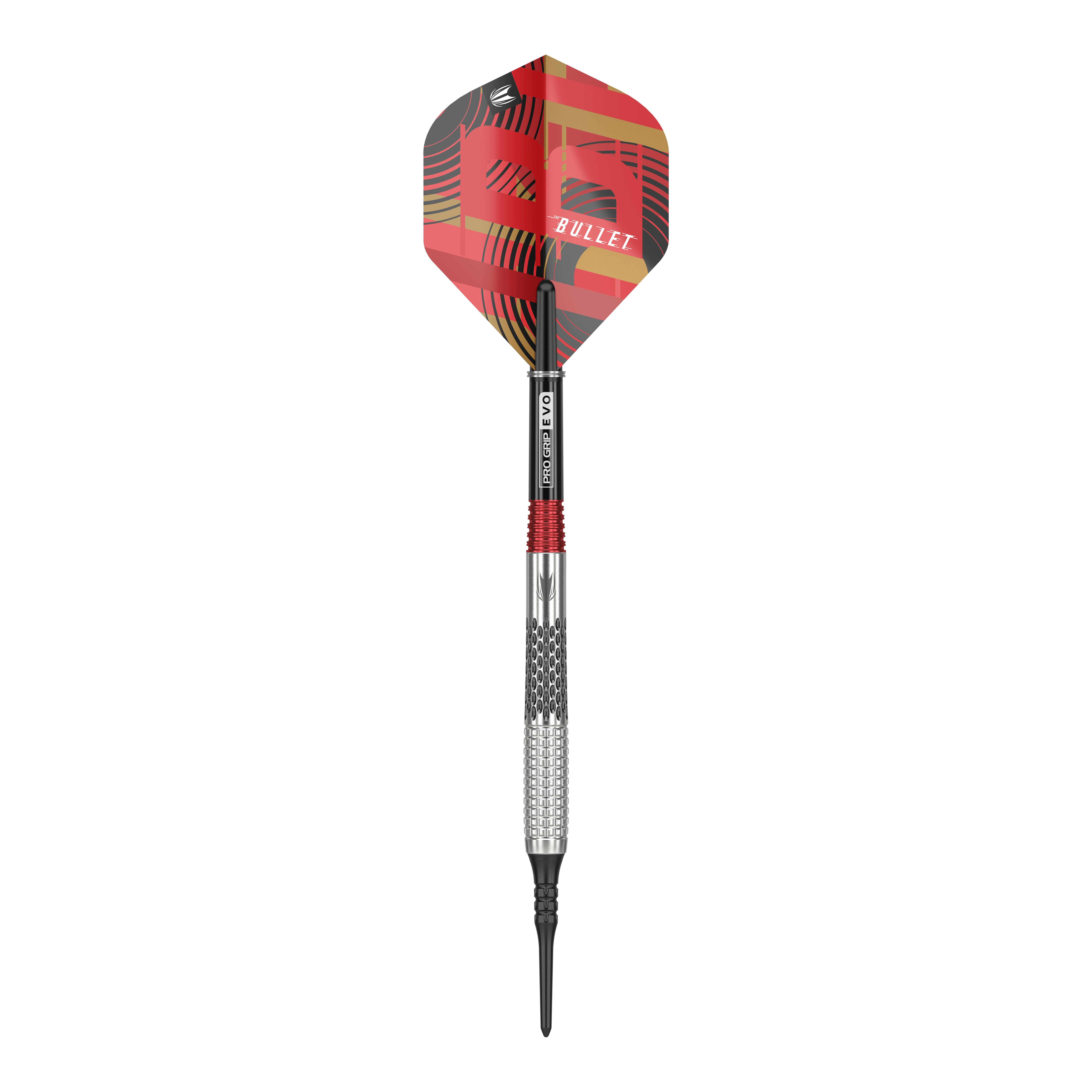 Dardos blandos Target Stephen Bunting GEN5 - 18 g Auf dem Bild ist ein Softdart der Marke Target Stephen Bunting GEN5 mit einem Gewicht von 18 Gramm zu sehen. Der Dart hat ein auffälliges, rot-schwarzes Design mit der Aufschrift "BULLET" auf dem Flight.