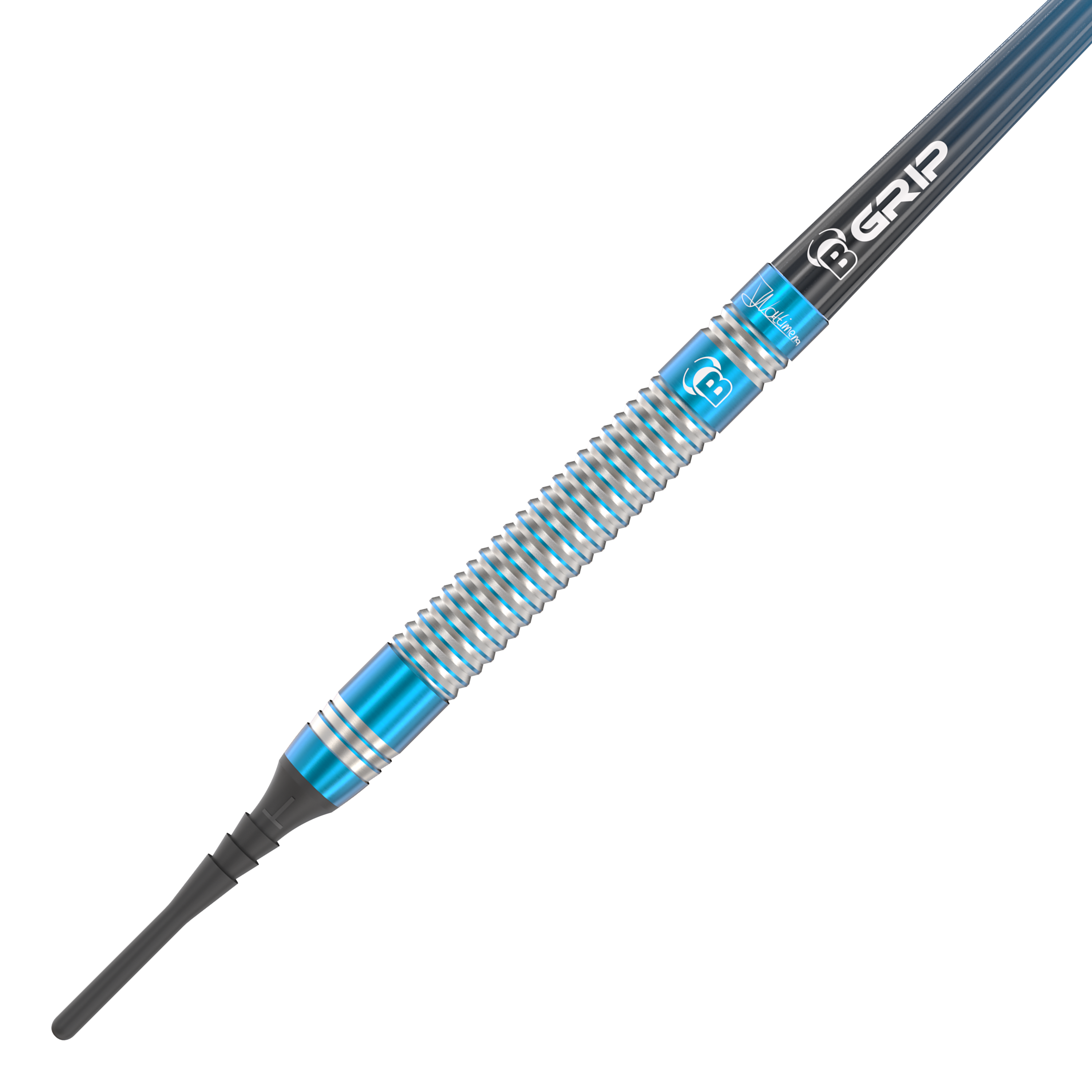 Dardos blandos Bulls Jermaine Wattimena Generation 3 - 20 g Das Bild zeigt einen Softdart mit silbernen und blauen Rillen. Auf dem Schaft steht „B GRIP“ und der Dart wirkt hochwertig verarbeitet.