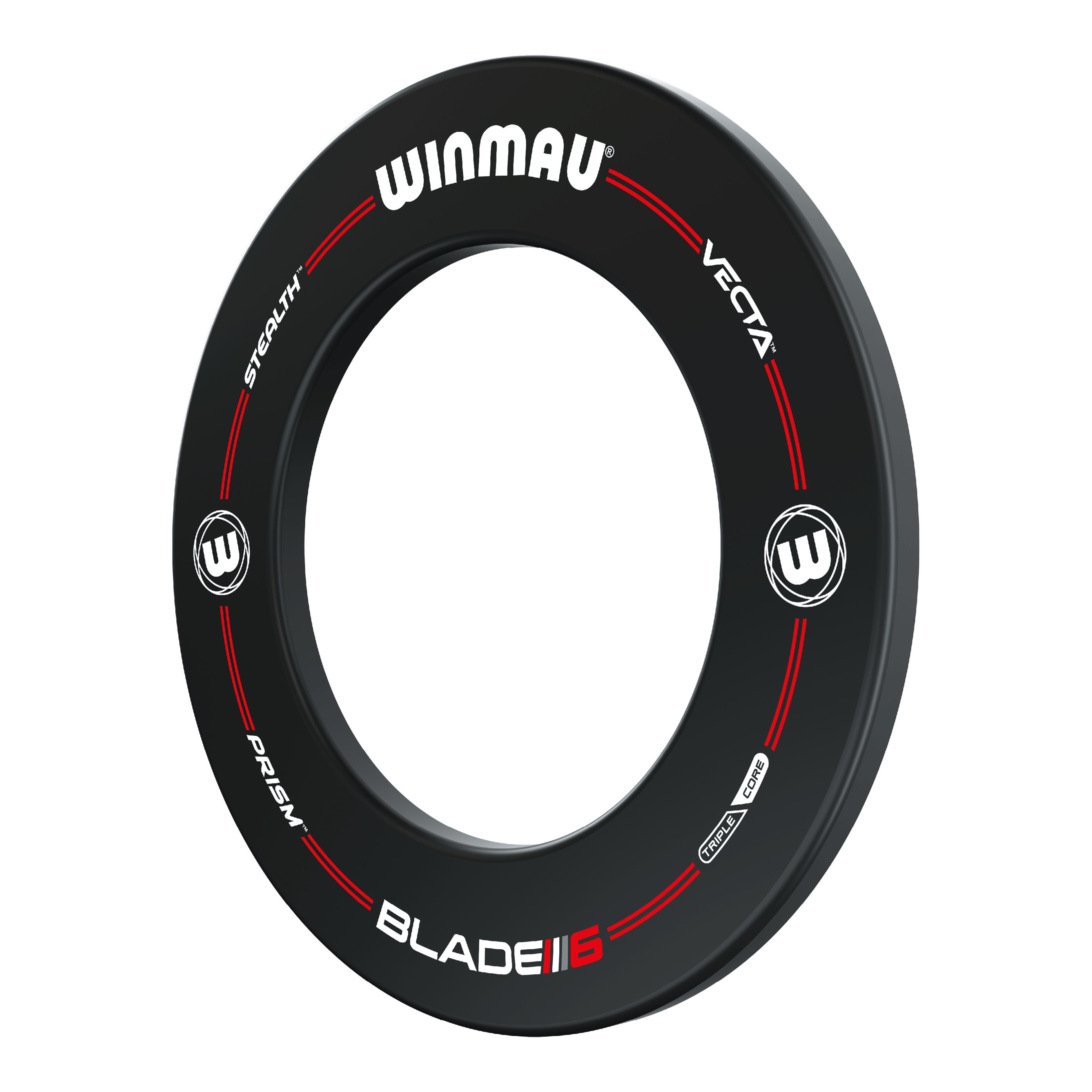 Winmau Pro-Line Blade 6 Dartboard Surround Das Bild zeigt das Produkt "Winmau Pro-Line Blade 6 Dartboard Surround". Es handelt sich um einen schwarzen Schutzring für eine Dartscheibe mit weißen und roten Aufdrucken.