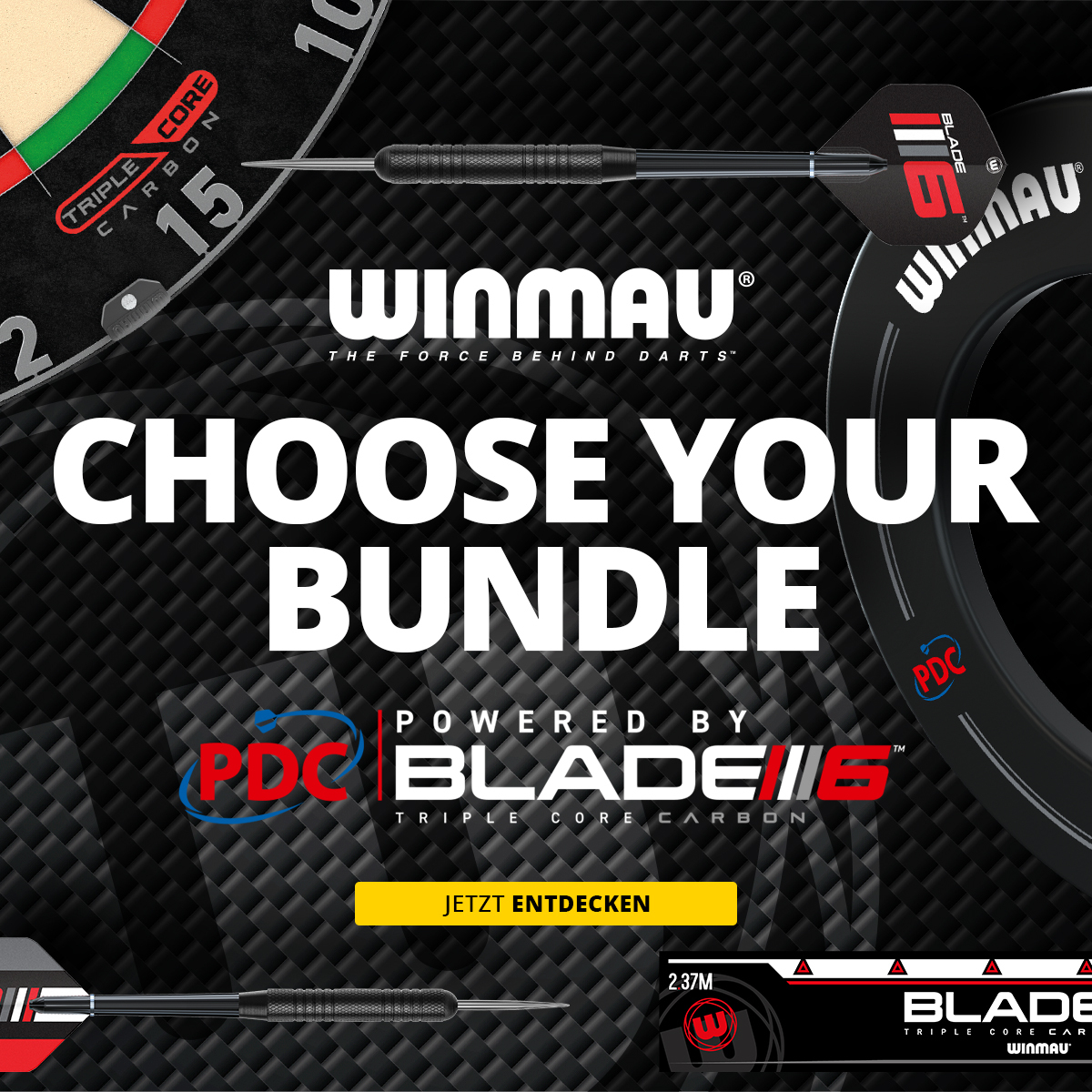 Ein Werbebild mit dem Dateinamen '2025-09_WinmauBlade6TCBundles_Hero'. Das Bild zeigt vermutlich ein Angebot oder ein Bundle für Winmau Blade 6 Dartboards.