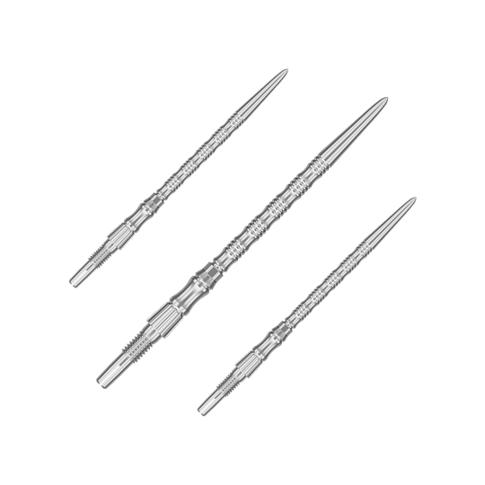 Puntas de dardo de acero Target Signature Swiss Point TRB - plateadas Das Bild zeigt ein Set silberner Dartspitzen mit einer Länge von 42 mm. Es handelt sich um Target SwissPoint Signature TRB Dartspitzen.