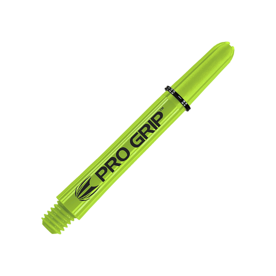 Das Bild zeigt einen limegrünen Dart-Schaft mit der Aufschrift "PRO GRIP". Der Hintergrund ist passend in derselben Farbe gestaltet.