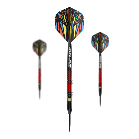 Dardos de acero GOAT Athlete de latón rojo - 11 g Das Bild zeigt den GOAT Athlete Red Brass Steeldart mit einem Gewicht von 11g. Der Dart hat eine auffällige, bunte Flugfeder und einen roten Messingkörper.