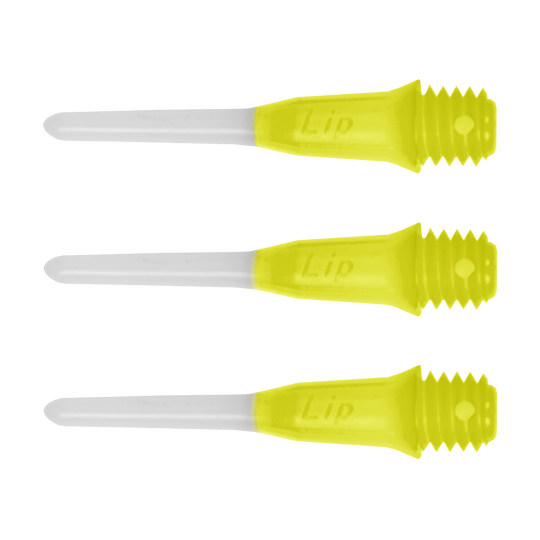 LIP36_L-Style_Two_Tone_Short_Lippoints_Gelb_-30er_Pack Auf dem Bild sind drei kurze, zweifarbige Dartspitzen der Marke L-Style zu sehen. Die Spitzen sind weiß mit gelbem Gewinde und tragen die Aufschrift "Lip".
