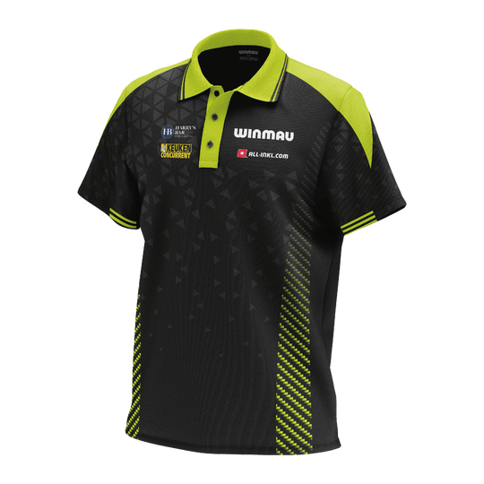 Polo Winmau Michael Van Gerwen Stage Das Bild zeigt das Winmau Michael Van Gerwen Stage Poloshirt. Es handelt sich um ein offizielles Poloshirt für Fans von Michael Van Gerwen.
