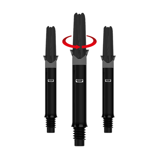 Ejes L-Style silenciosos rectos - Negro Das Bild zeigt drei schwarze Dartshafts ohne Kappen. Über dem mittleren Shaft befindet sich ein roter Pfeil, der eine Drehbewegung anzeigt.