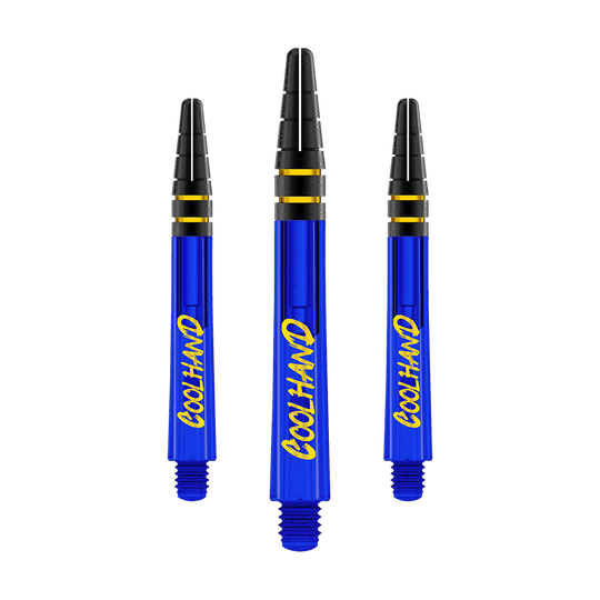 Flechas Red Dragon Nitrotech Luke Humphries Coolhand - Azul Auf dem Bild sind drei blaue Dartshafts mit der gelben Aufschrift „COOLHAND“ zu sehen. Die oberen Enden der Shafts sind schwarz mit goldenen Ringen verziert.