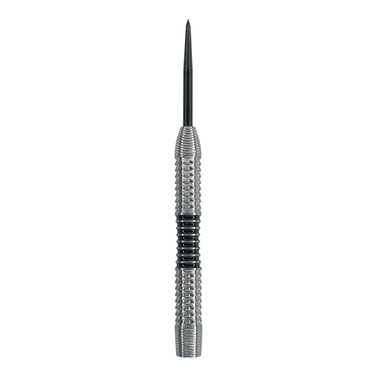 Dardos McDart Black Stripe 2 de acero - 22 g Das Bild zeigt einen silbernen Steeldart-Barrel mit einer schwarzen Griffzone in der Mitte. Es handelt sich um das Produkt "McDart Black Stripe 2 Steeldart-Barrels - 22g".