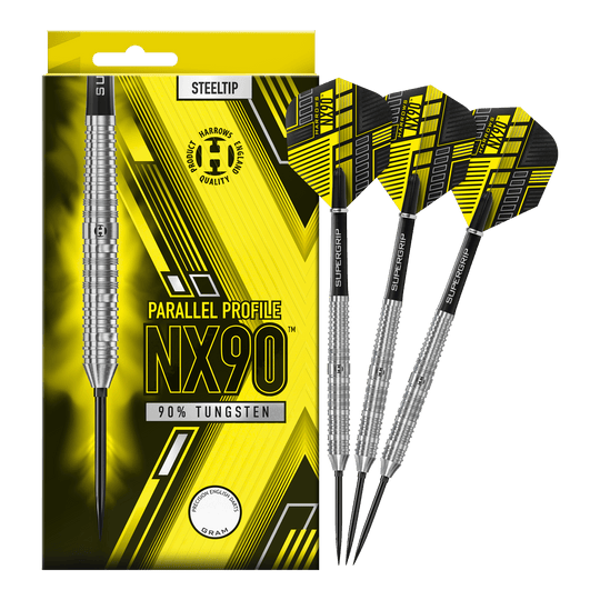 Dardos de acero de punta rápida paralela Harrows NX90 Abgebildet sind die Harrows NX90 Parallel Quick Point Steeldarts. Diese Darts sind bekannt für ihre Präzision und ihr paralleles Barrel.