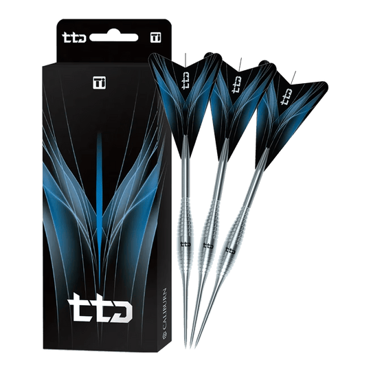 Dardos de acero Caliburn TTD Complete Titanium T2 Silver - 6 g Das Bild zeigt die vollständigen Caliburn TTD Complete Titanium T2 Silver Steeldarts mit 6g Gewicht. Detailliertes Titan-Design sorgt für ein hochwertiges Aussehen.