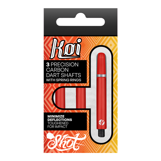 Flechas de carbono Shot Koi - Rojo Die Verpackung zeigt drei präzise Koi Carbon-Dartschäfte in Rot. Sie sind für minimale Ablenkung und hohe Schlagfestigkeit ausgelegt.