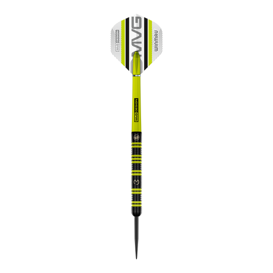 Dardos de acero Winmau Michael Van Gerwen 85 Pro-Series Auf dem Bild ist ein Winmau Michael Van Gerwen 85 Pro-Series Steeldart zu sehen. Der Dart hat ein modernes Design mit grünen und schwarzen Akzenten sowie der Aufschrift „MVG DESIGN“ auf dem Schaft.