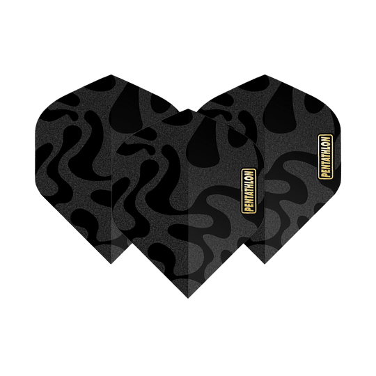 Vuelos de pentatlón RT Camo Das Bild zeigt drei Pentathlon RT Camo No2 Standard Flights für Darts. Sie haben ein schwarzes Camouflage-Muster und das Pentathlon-Logo in Gelb.