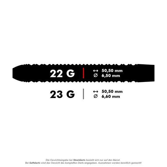 Dardos de acero Target EXO SP01 Swiss Point Das Bild zeigt die technischen Daten von Steeldarts mit 22 und 23 Gramm Gewicht. Die Länge beträgt bei beiden 50,50 mm, der Durchmesser ist 6,50 mm (22 g) bzw. 6,60 mm (23 g).