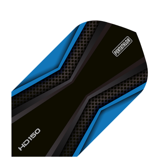 HD-41-HD150-Pentathlon-Blue-Black-Flights Das Bild zeigt ein schwarzes und blaues Slim-Dartflight mit dem Namen "HD 150 Pentathlon". Auf dem Flight stehen die Aufschriften "HD150" und "Pentathlon".