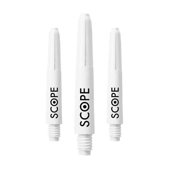 Das Bild zeigt drei weiße McDart Scope Nylon Shafts für Dartpfeile. Auf jedem Shaft steht das Wort "SCOPE" in schwarzer Schrift.