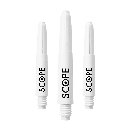 525_McDart_Scope_Nylon_Shafts_Weiss_34mm_1HeWcA1WKfD55D Das Bild zeigt drei weiße McDart Scope Nylon Shafts für Dartpfeile. Auf jedem Shaft steht das Wort "SCOPE" in schwarzer Schrift.