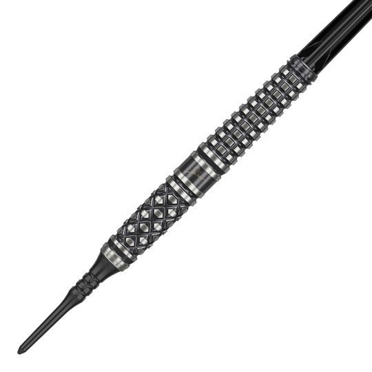 Dardos blandos Target Japan Paul Lim The Legend GEN8 - 19 g Das Bild zeigt einen "Target Japan Paul Lim The Legend GEN8 Softdart" mit 19g Gewicht. Der Dart hat ein markantes, schwarzes Design mit silbernen Rillen und einem strukturierten Griff.