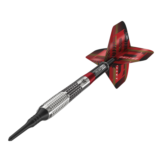 Dardos blandos Target Stephen Bunting GEN5 - 18 g Das Bild zeigt einen Target Stephen Bunting GEN5 Softdart mit einem Gewicht von 18g. Der Dartpfeil hat ein silbernes Griffstück mit roten und schwarzen Akzenten sowie einer auffälligen roten Flights.