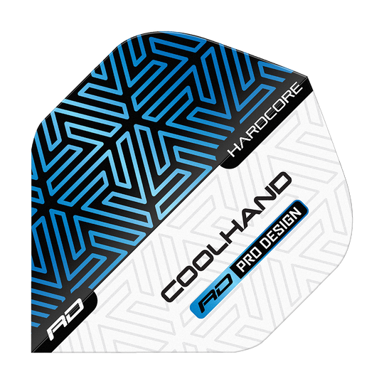 Vuelos estándar premium azul y blanco de Red Dragon Hardcore Luke Humphries Das Bild zeigt ein Dartflight in Blau, Schwarz und Weiß mit geometrischem Muster. Auf dem Flight stehen die Wörter „HARDCORE“, „COOLHAND“ und „RD PRO DESIGN“.