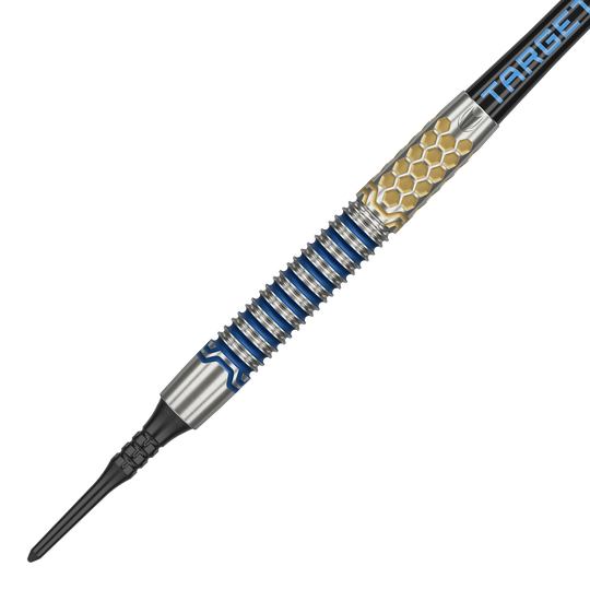 Dardos blandos Target Josh Rock GEN1 - 20 g Dies ist der Target Josh Rock GEN1 Softdart mit einem Gewicht von 20g. Der Dartpfeil hat ein auffälliges Design mit blauen und goldenen Akzenten.