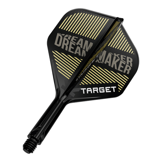 Auf dem Bild ist ein schwarzer Dart-Flügel mit gelben Streifen und dem Schriftzug „DREAM MAKER“ zu sehen. Darauf steht außerdem das Wort „TARGET“ in weißen Buchstaben.