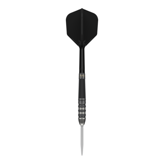 Dardos de acero Target Japan Black Marque Armageddon GEN2 Swiss Point Das Bild zeigt einen Target Japan Black Marque Armageddon GEN2 Swiss Point Steeldart. Der Dartpfeil ist schwarz und silber mit einer scharfen Stahlspitze und einem schwarzen Flight.