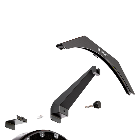 Iluminación para diana Target ARC V2 Das Bild zeigt die einzelnen Teile des Produkts „Target ARC V2 Dartboard Beleuchtung“. Die Bauteile sind übersichtlich dargestellt und werden später zu einer Beleuchtung für ein Dartboard zusammengesetzt.