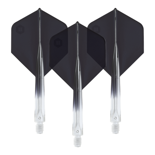 Plumas estándar Unicorn Forge Two Tone No2 - Negro transparente Die Unicorn Forge Two Tone No2 Standard Flights in Schwarz sind hier abgebildet. Das Produkt besteht aus klaren und schwarzen Dartflights.