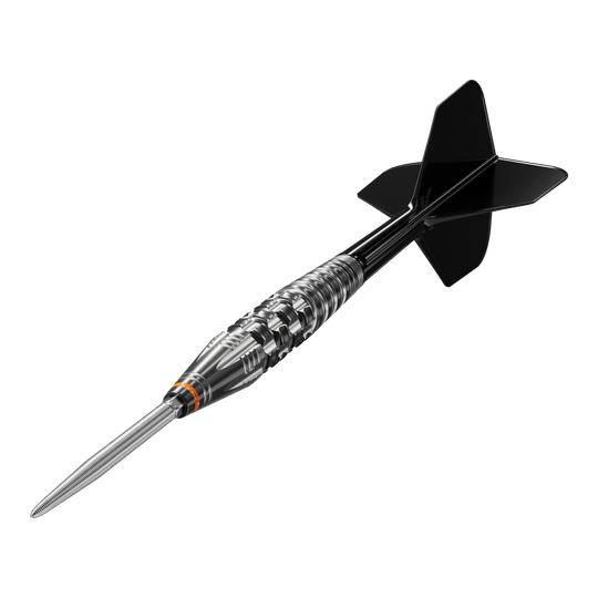 Dardos de acero Target Japan Black Marque Dancing Duck GEN 4 Das Bild zeigt einen Steeldartpfeil mit schwarzer Spitze und schwarzen Flights, genannt "Target Japan Black Marque Dancing Duck GEN 4 Steeldarts". Der Dartpfeil hat ein silbernes, glänzendes Griffstück mit feinen Rillen und Gravuren.