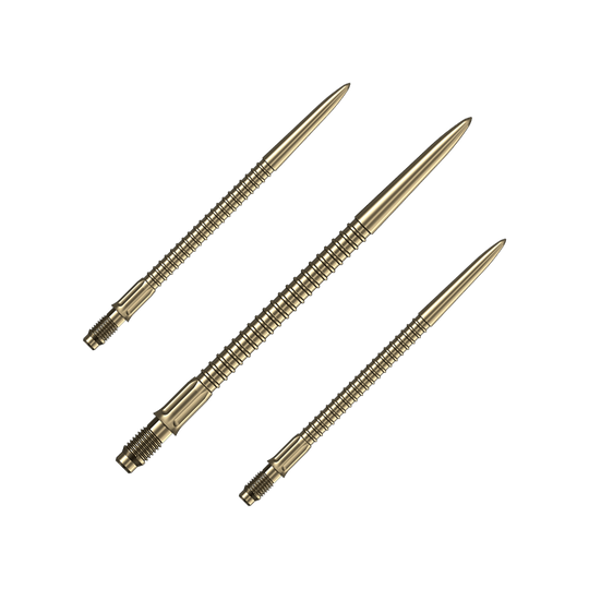 Puntas de dardo Mission R2.5 Rapid Point GV1 - Oro Das Bild zeigt ein Set goldener Dartspitzen Mission R25 Rapid Point mit einer Länge von 40mm. Die Spitzen liegen nebeneinander auf einer hellen Fläche.