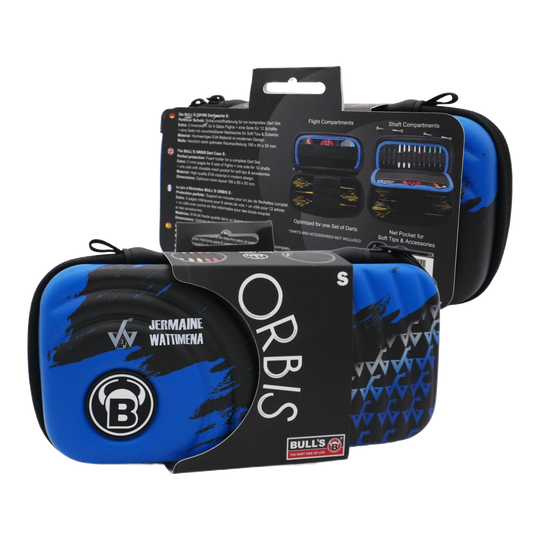 Estuche para dardos Bulls Orbis S Jermaine Wattimena Das Bild zeigt das Produkt "Bulls Orbis S Jermaine Wattimena Dartcase" in blauer und schwarzer Farbe. Die Darttasche ist kompakt und eignet sich zum sicheren Aufbewahren von Dartzubehör.