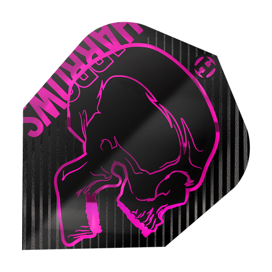 Plumas Harrows Rage Pink No6 Das Bild zeigt das Produkt "Harrows Rage Pink No6 Flights". Es ist ein schwarzes Dartflight mit einem pinken Totenkopf und pinken Streifen.