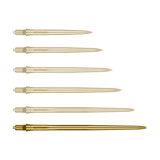 Auf dem Bild ist eine einzelne goldene Dartspitze mit 50 mm Länge zu sehen. Die Spitze ist glatt gestaltet.