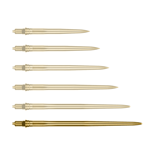 Puntas de dardo Caliburn EZ-EVO - Suaves - Doradas Auf dem Bild ist eine einzelne goldene Dartspitze mit 50 mm Länge zu sehen. Die Spitze ist glatt gestaltet.