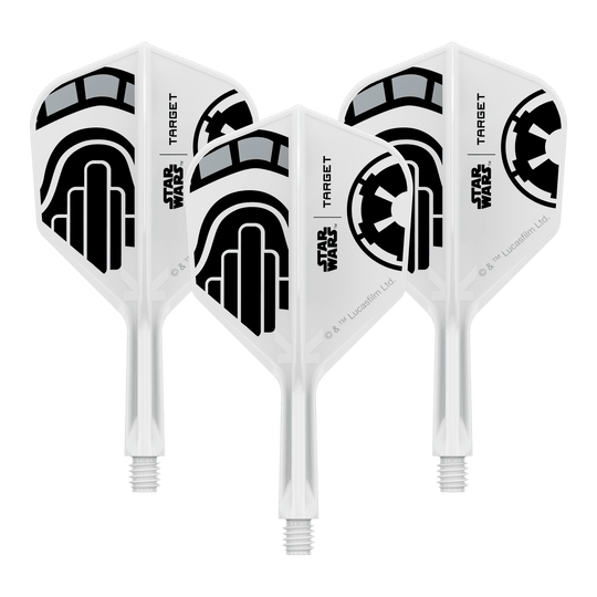 Vuelos Target Star Wars K-Flex Stormtrooper No. 6 Ein Set von Dart-Flights der Star Wars KFlex Stormtrooper No6 Serie ist dargestellt. Die Flights sind kurz und 19 mm lang.