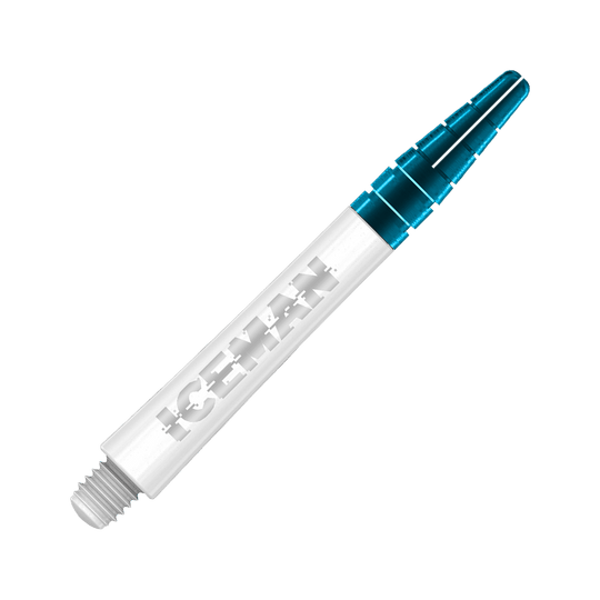C635_Red_Dragon_Nitrotech_Gerwyn_Price_Shafts_White_42mm_2 Das Bild zeigt einen weißen Dart-Schaft mit dem Schriftzug "ICEMAN" darauf. Das obere Ende des Schafts ist blau-transparent.