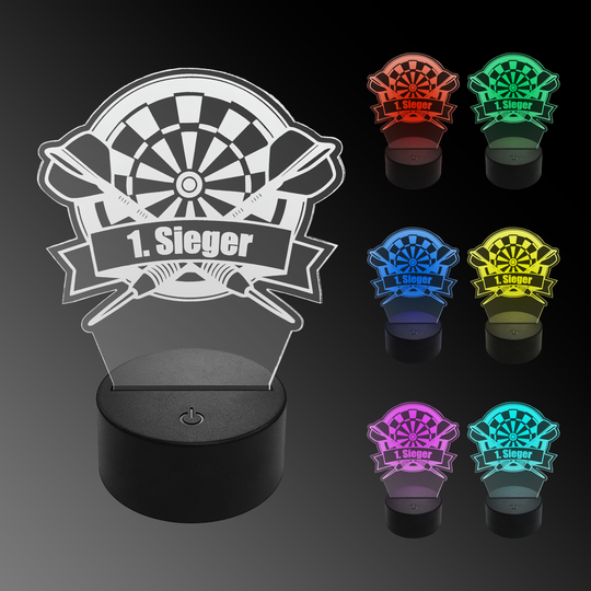Lámpara de dardo LED de plexiglás con texto personalizado Das Bild zeigt eine LED-Lampe in Form eines Dartboards mit der Aufschrift „1. Sieger“. Rechts sind sechs weitere Lampen in verschiedenen Farben zu sehen.