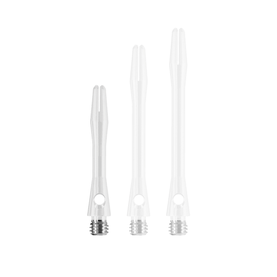 HR372_Harrows_Keramic_Shafts_Weiss_35mm_1Asshol9Pqv9zd Das Bild zeigt drei weiße Harrows Keramic Shafts in unterschiedlichen Längen. Sie haben jeweils ein silbernes Gewinde am unteren Ende.