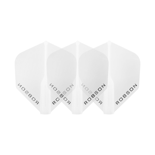 Plumas Robson Plus - Estándar Das Bild zeigt drei klare Dart-Flights der Marke Robson. Die Flights sind nebeneinander angeordnet und tragen den Schriftzug "ROBSON".
