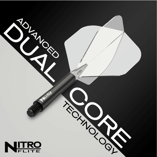 Das Bild zeigt das Produkt "Red Dragon Nitroflite - Black Shaft Clear No2 Flights". Es hebt die fortschrittliche Dual-Core-Technologie hervor.