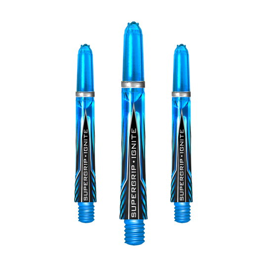 HR387_Harrows_Supergrip_Ignite_Shafts_Aqua_40mm_1jkB8UAa5JHZ2Y Das Bild zeigt drei blaue Harrows Supergrip Ignite Shafts in der Farbe Aqua. Die Schrift "SUPERGRIP IGNITE" ist auf jedem Schaft zu sehen.